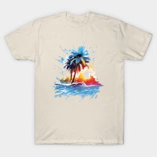 Bold and Colorful Ocean Graphic with Palm Trees and Beach Splats T-Shirt